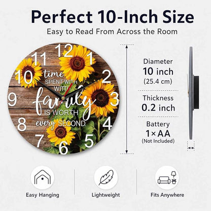 Sunflower Family Quote Wall Clock 10 Inch - Sunflower 1+10 Inch, Battery Operated