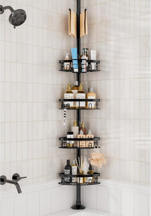 Cutefafa Rustproof Corner Shower Caddy - Adjustable Tension Pole with 4 Large Baskets & Towel Bar | 23.6 to 114.5 Inch