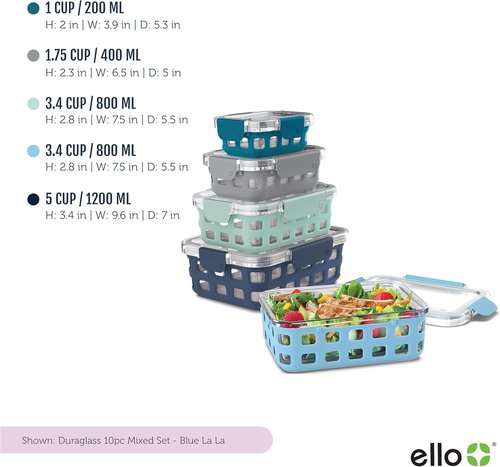 Ello Duraglass Meal Prep Sets - Leak-Proof Glass Food Storage Containers | BPA-Free, Dishwasher Safe