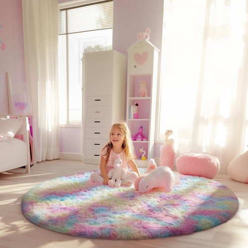 Ophanie Soft Fluffy Shaggy Rugs for Bedroom Living Room Dorm Nursery Home Decor Aesthetic,Color Rainbow, Size 5' Round