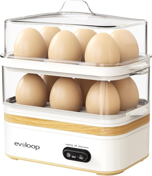 Evoloop Electric Egg Cooker - Rapid 12-Egg Capacity for Soft, Medium, Hard Boiled & Poached Eggs | BPA-Free White Tray