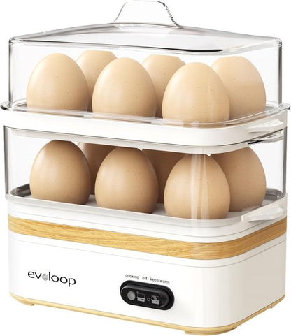 Evoloop Electric Egg Cooker - Rapid 12-Egg Capacity for Soft, Medium, Hard Boiled & Poached Eggs | BPA-Free White Tray