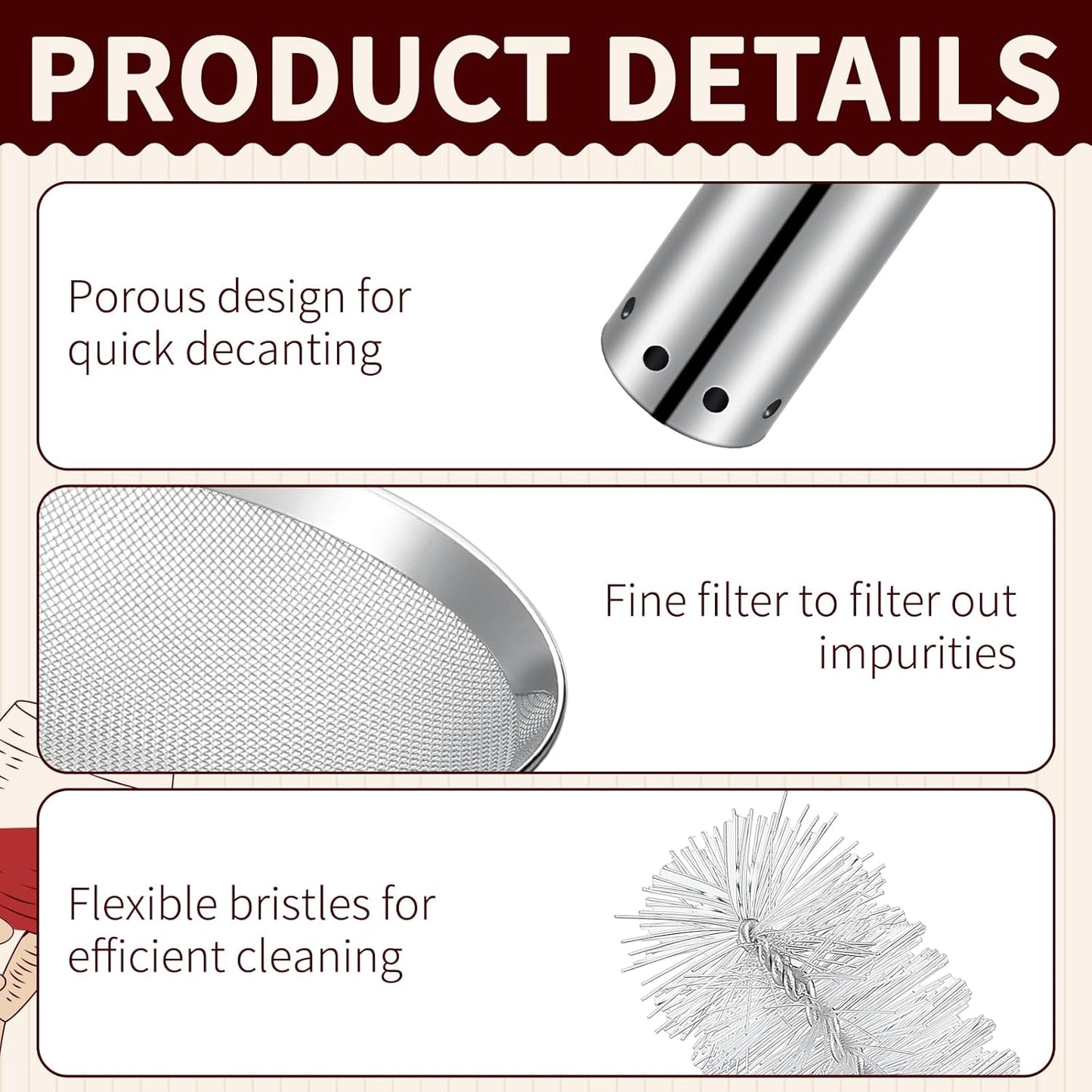 Wine Aerator Shower Funnel with Mesh Sediment Strainer Stainless Steel Aerating Decanter Funnel with Filter and Brushes for Christmas Wine Lover Gift(4)