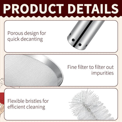 Wine Aerator Shower Funnel with Mesh Sediment Strainer Stainless Steel Aerating Decanter Funnel with Filter and Brushes for Christmas Wine Lover Gift(4)