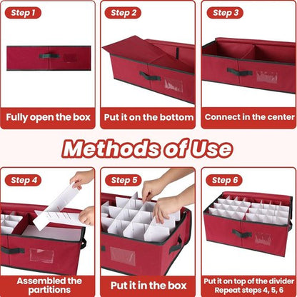 BlessedSeason Christmas Ornament Storage Box | Holds Up to 64 3” Balls - Adjustable Dividers & Dual Zipper