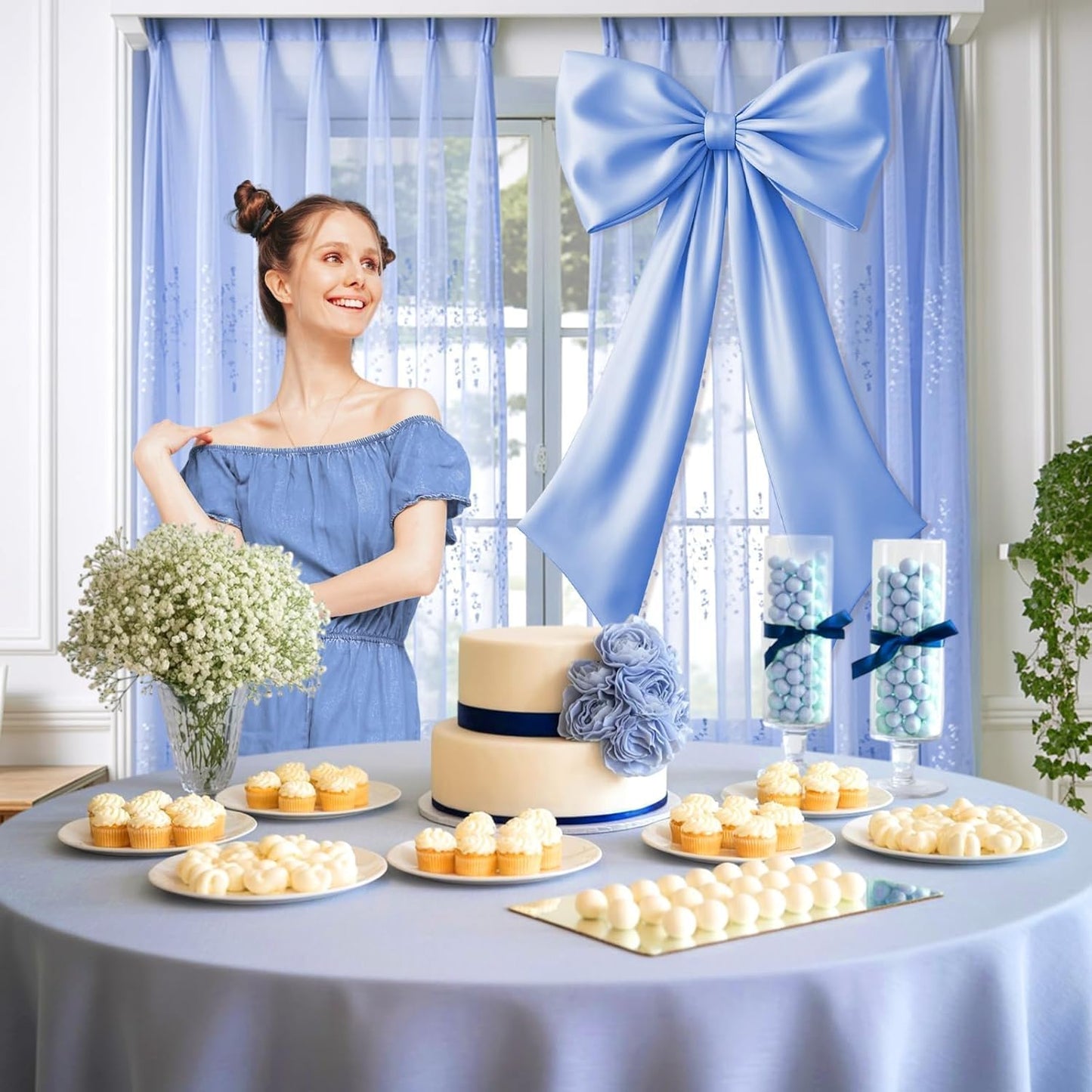 Skiennix Blue Bow Decor - 2 Pack of Large & Small Coquette Wall Backdrop for Valentine's Day & Weddings