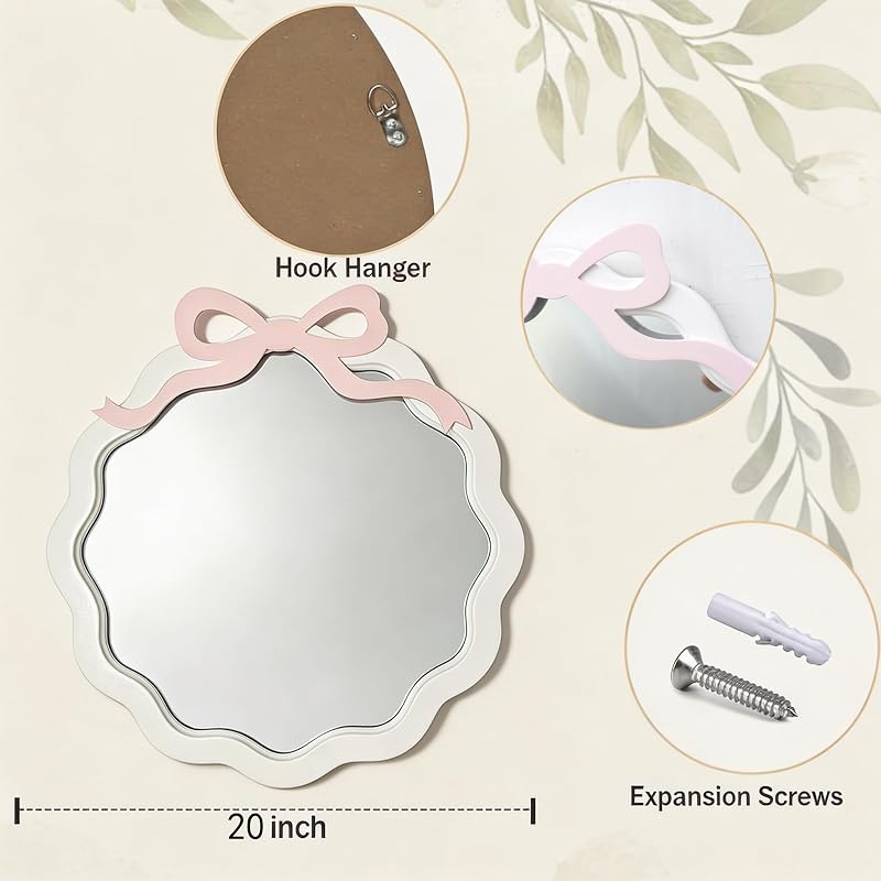 Pink Bow Wavy Wall Mirror – 21.25 Inch Kawaii Princess Bedroom Vanity