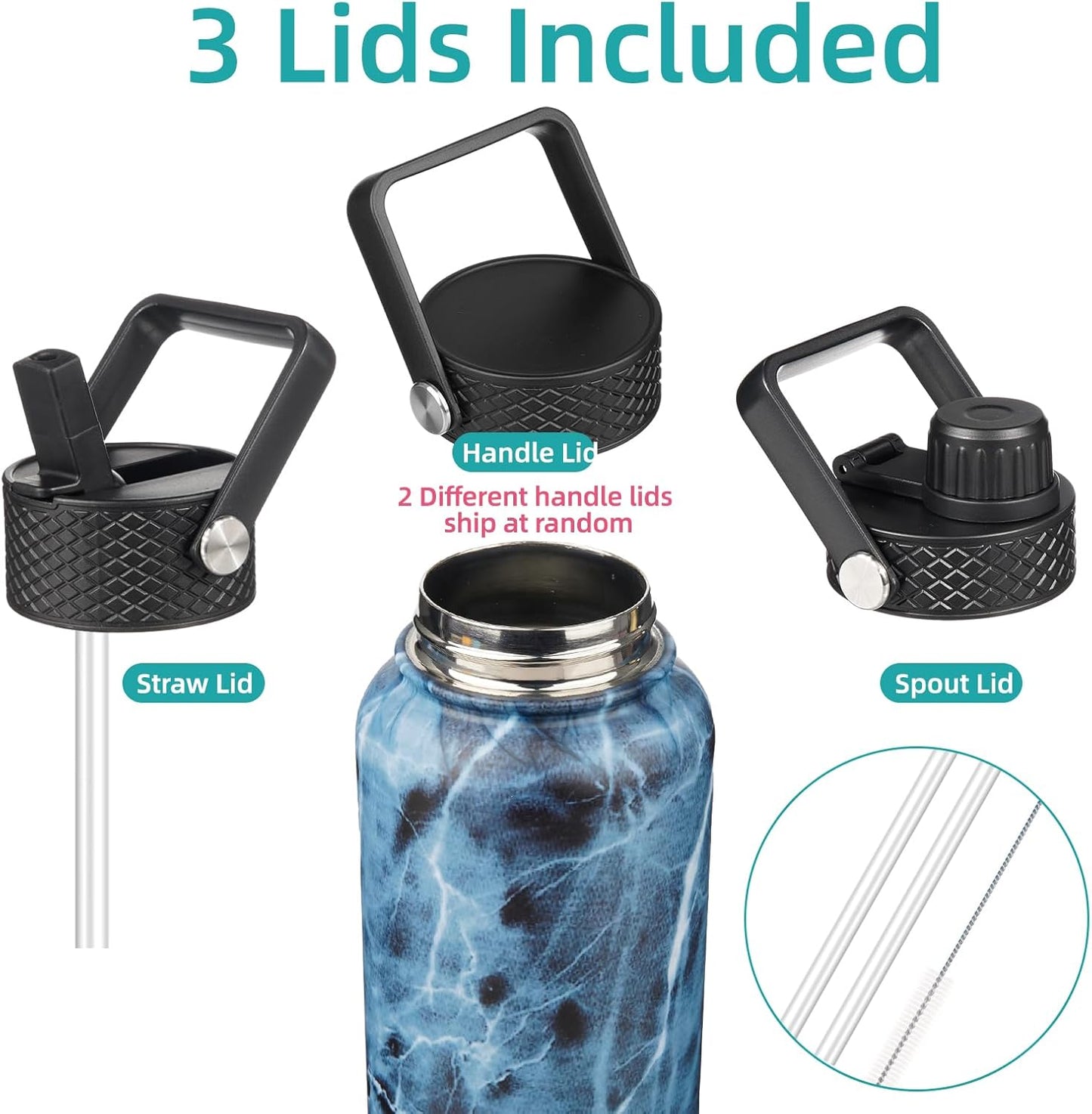 Skiennix 40oz Insulated Stainless Steel Water Bottle - Marble Ocean Finish with 3 Lids