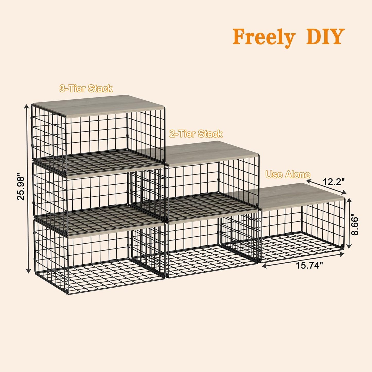 Sturdy Metal Black Closet Organizers - Extra-Long Stackable Shelf Storage with Wood Top | 3 Pack for Space-Saving