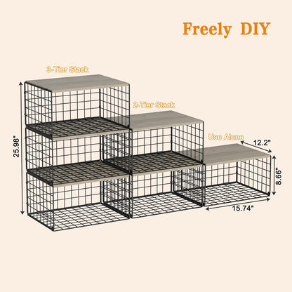 Sturdy Metal Black Closet Organizers - Extra-Long Stackable Shelf Storage with Wood Top | 3 Pack for Space-Saving