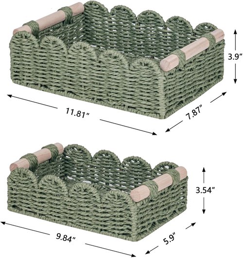 CubesLand Scalloped Edge Decor Baskets - Stylish Storage for Home | Set of 2 Green Paper Rope Baskets