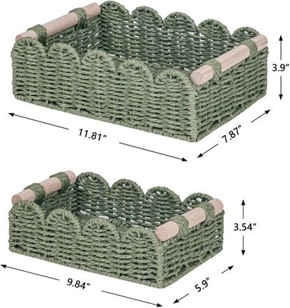 CubesLand Scalloped Edge Decor Baskets - Stylish Storage for Home | Set of 2 Green Paper Rope Baskets