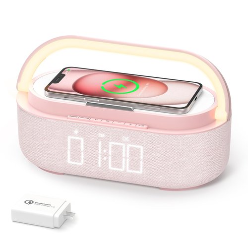 COLSUR Bluetooth Speaker with Wireless Charger, FM Radio, Dimmable LED Night Light, Dual Wireless Speakers, 2500mAh Portable Speaker for Home Decoration, Bedroom, Office, Gift
