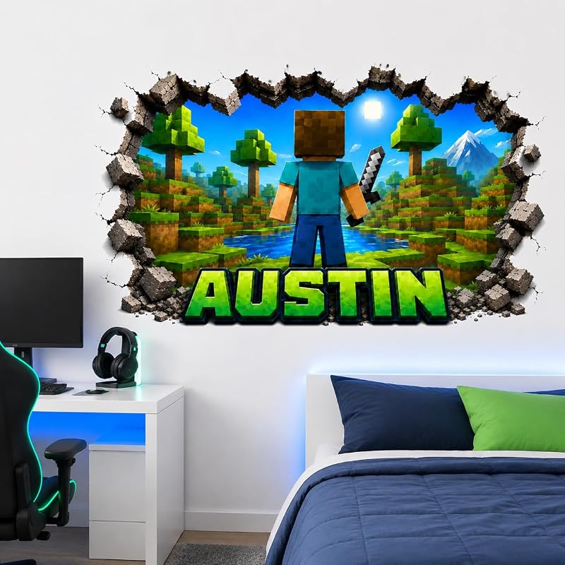 Personalized Pixel Gamer Wall Decal - Custom Name 3D Broken Wall Video Game Room Decor