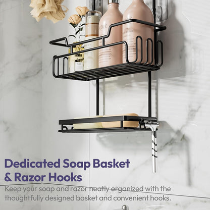 SWTYMIKI Bathroom Shower Caddy - 3-Tier Rustproof Overhead Organizer with 16 Hooks & Soap Holder | Black