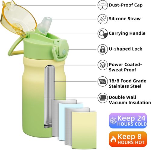 BJPKPK Insulated Water Bottle - 14oz Stainless Steel Flask with Straw & Leak-Proof Lid | Lime Color