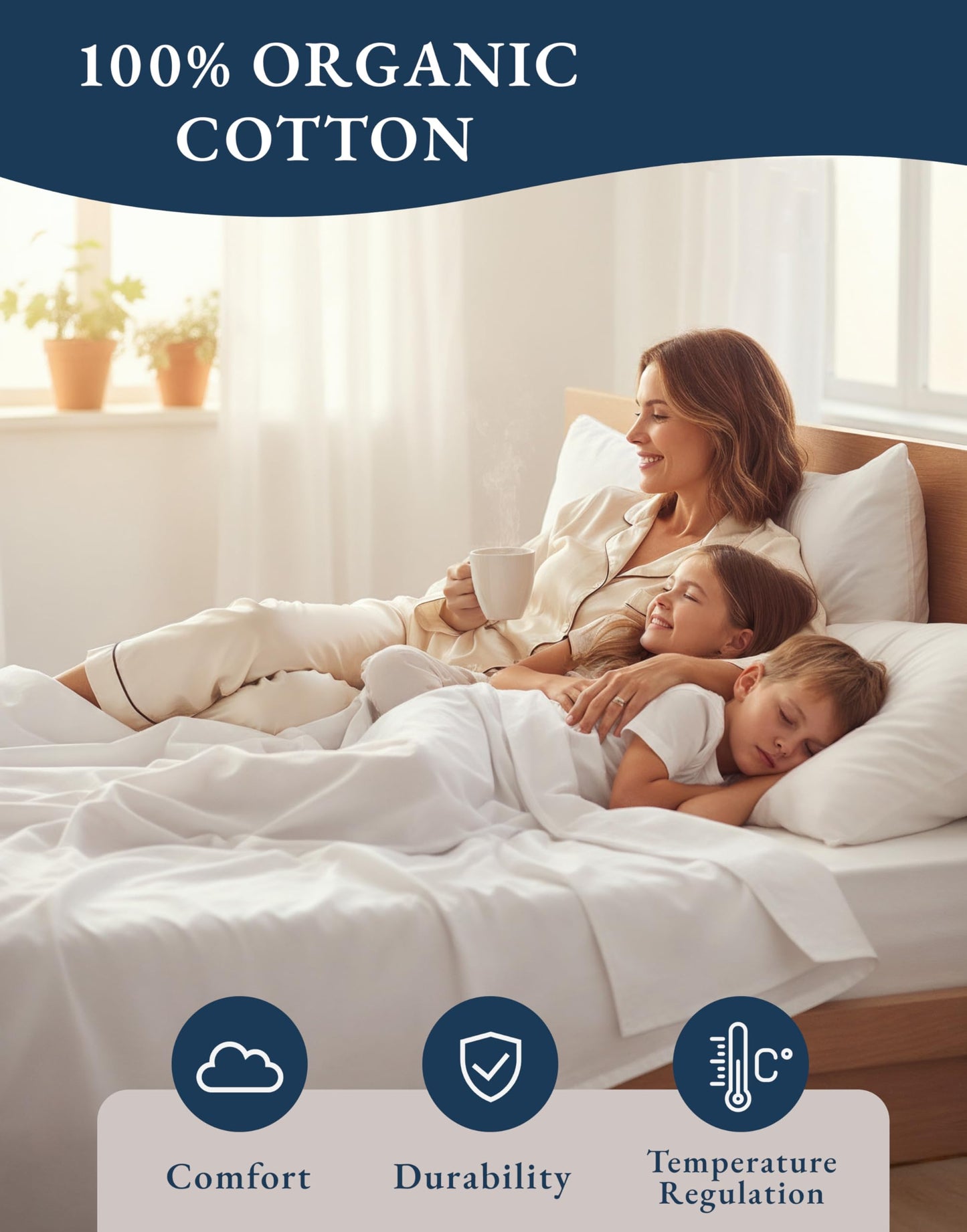 LANE LINEN 100% Organic Cotton White Twin XL Sheets Set 3-Piece Pure Percale Soft Bedding Breathable Fits Mattress Upto 15" Deep