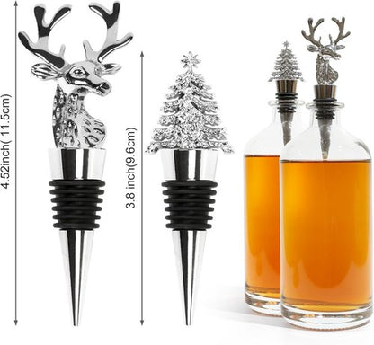 2Pack Christmas Wine Stopper, Elk & Christmas Tree Shape Decorative Wine Bottle Stopper, Food-Grade Silicone & Zinc Alloy Airtight Wine Cork for Wine Champagne, Xmas Party Home Bar Holiday Gift Silver