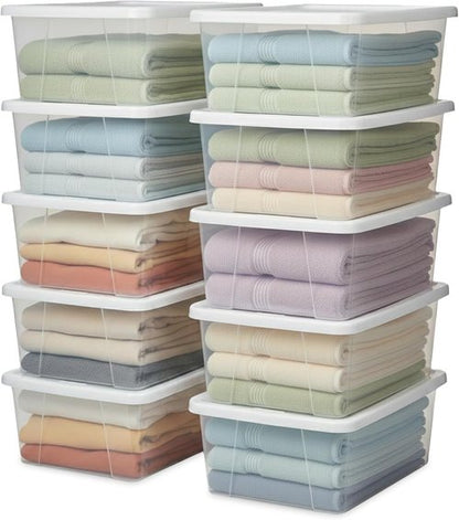 HOMZ 10-Pack Snaplock Storage Bins - Clear Plastic Organizer Containers with Lids, 6 Quart, White