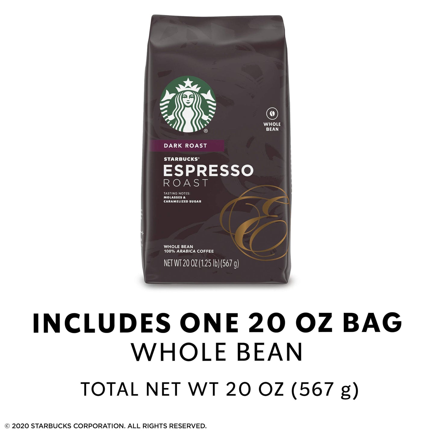 Starbucks Espresso Dark Roast Whole Bean Coffee, 20 Ounce (Pack of 1)