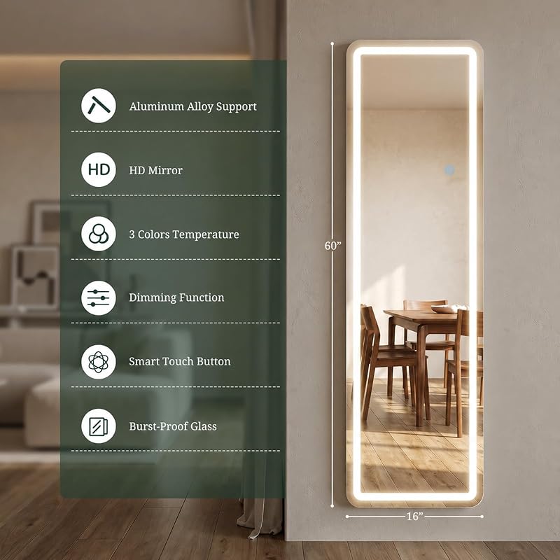 LED Full Length Mirror with Lights 59.85" x 15.75" – 3 Color Modes, Dimmable