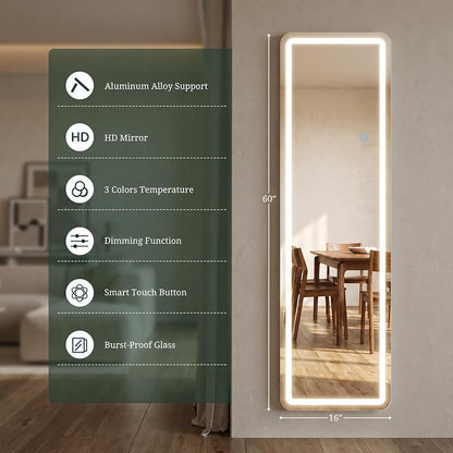 LED Full Length Mirror with Lights 59.85" x 15.75" – 3 Color Modes, Dimmable