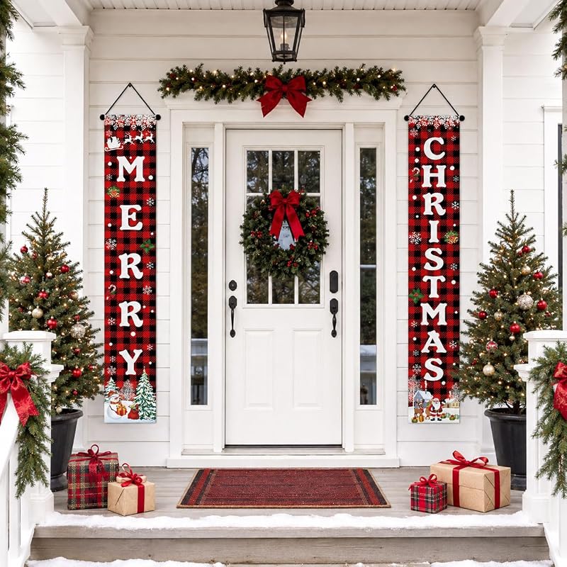 Merry Christmas Porch Banner - Red Buffalo Plaid with Snowman & Santa, Outdoor Door Decor