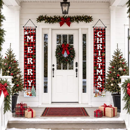 Merry Christmas Porch Banner - Red Buffalo Plaid with Snowman & Santa, Outdoor Door Decor