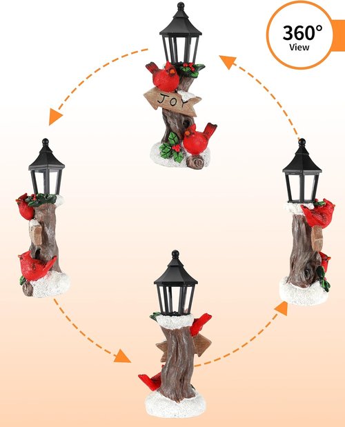 iStatue Lighted Cardinal Christmas Ornaments - 10” Resin Red Birds Lamp Post Figurine with Candle Lantern | Unique Indoor Holiday Decor Gift