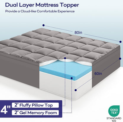 OLANLY Memory Foam Mattress Topper - Dual-Layer Queen Size for Back Pain Relief | 4 Inch Cooling Pillow Top, Light Grey