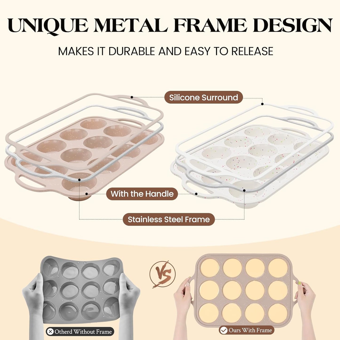 Vinino Silicone Muffin Pans - 2-Pack Nonstick Baking Molds with Metal Reinforced Frame | 12 Cups, BPA-Free