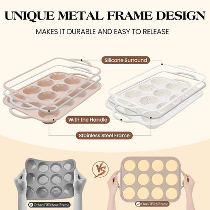 Vinino Silicone Muffin Pans - 2-Pack Nonstick Baking Molds with Metal Reinforced Frame | 12 Cups, BPA-Free