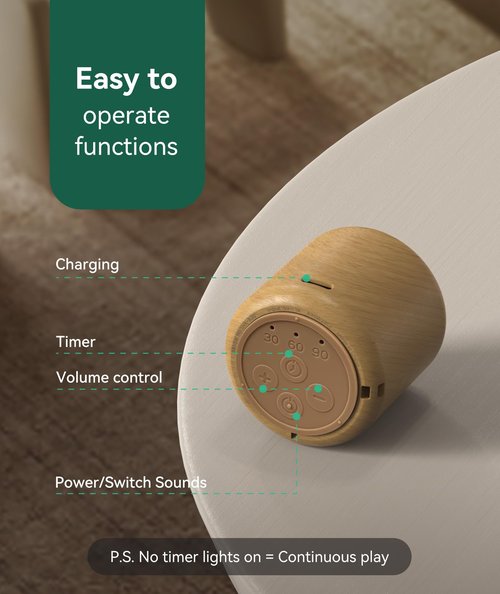 Portable Sound Machine - Travel White Noise Machine for Adults & Baby, 16 Relaxing Sounds, Timer & Rechargeable, Mini for Office, Hotel, Home (Wood)