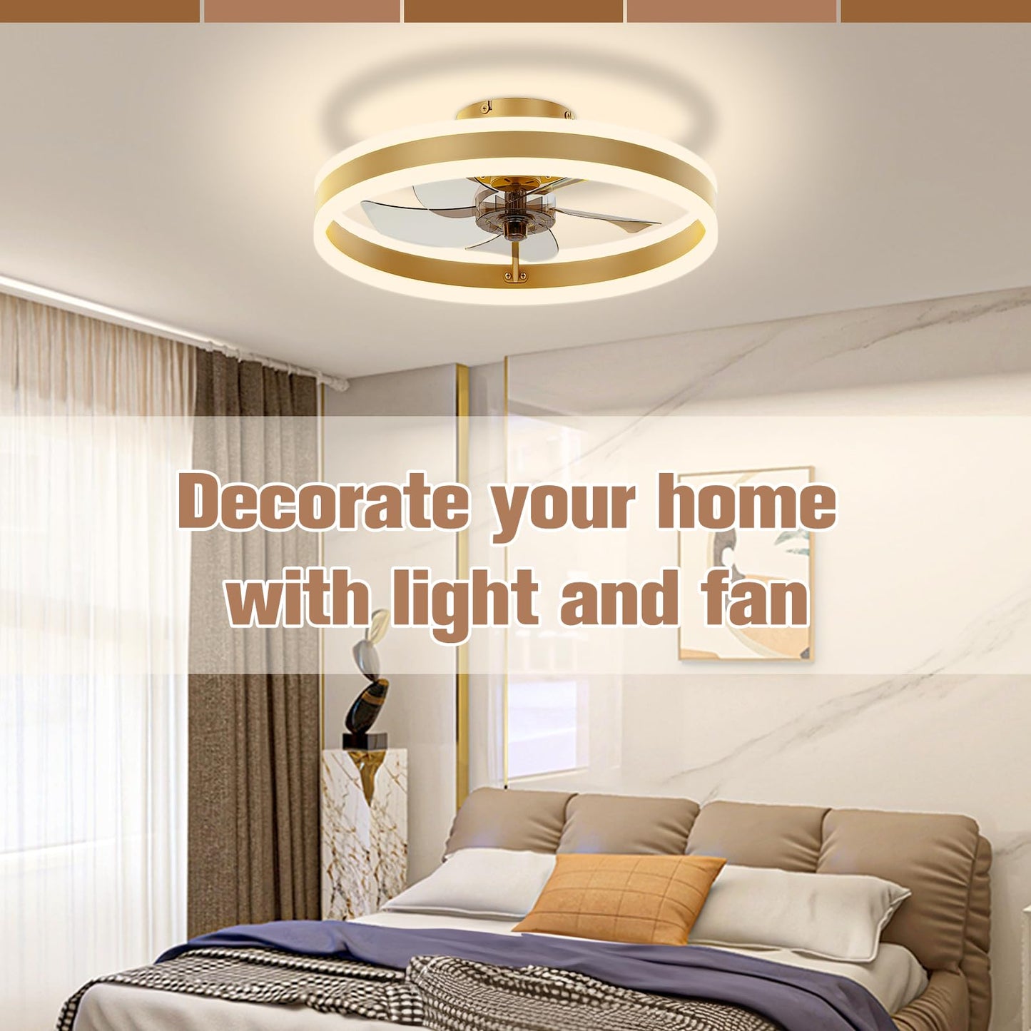 VOLISUN Fandelier Ceiling Fans with Lights and Remote, 15.7in Low Profile Ceiling Fan Flush Mount, 3000K-6500K Dimmable Bladeless Ceiling Fan with Light, Gold Ceiling Fans with Lights for Bedroom