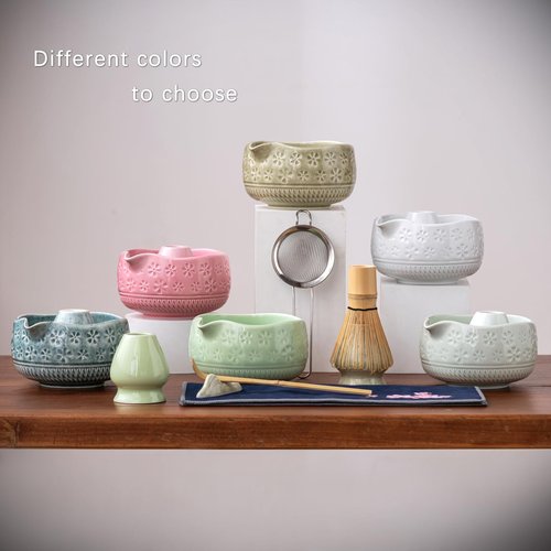 Buucup Matcha Whisk Set, Ceramic Matcha Kit Set Includes Matcha Bowl, Matcha Whisk and Holder, Bamboo Scoop, Scoop Rest, Sifter and Tea Towel - 7 Pcs Matcha Kit for Matcha Lovers (Mottled Green)