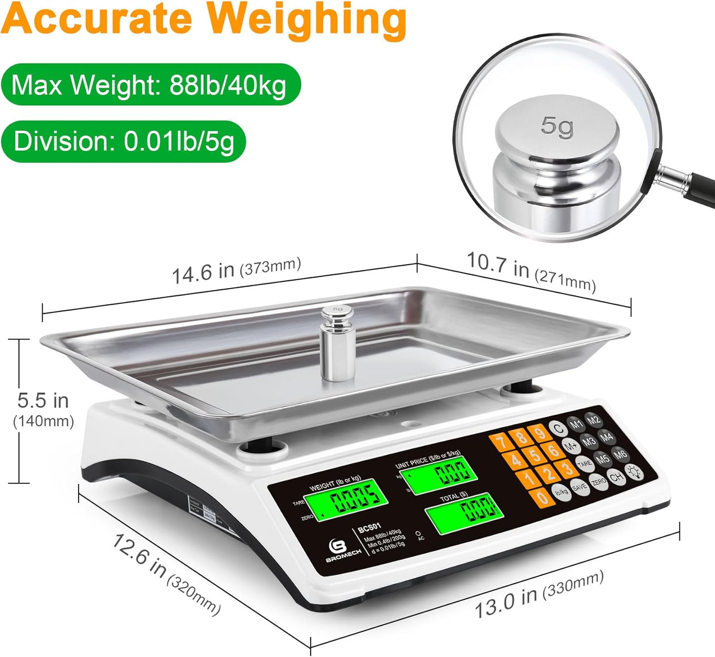 Price Computing Scale - 88lb Commercial Food Scale with Stainless Steel Platform & LCD Display