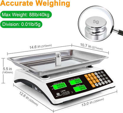 Price Computing Scale - 88lb Commercial Food Scale with Stainless Steel Platform & LCD Display