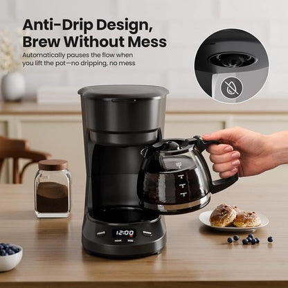 Kismile 5-Cup Drip Coffee Maker - Compact Design with LED Display & Auto Shut-Off | Ideal for Home & Office (Black)