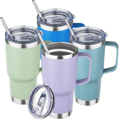 20 oz Tumbler with Handle - Stainless Steel Vacuum Insulated Cup with Lid & Straw, Leak-Proof Travel Mug (Purple Tea Sea Azure, Pack of 4)