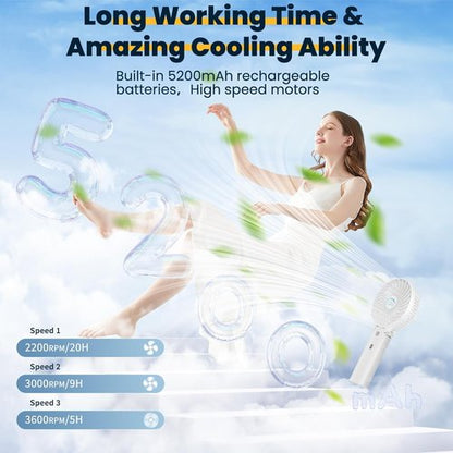 HandFan Portable Handheld Fan - 3 Speed Rechargeable Cooling Fan, 180° Foldable, 20H Runtime | White
