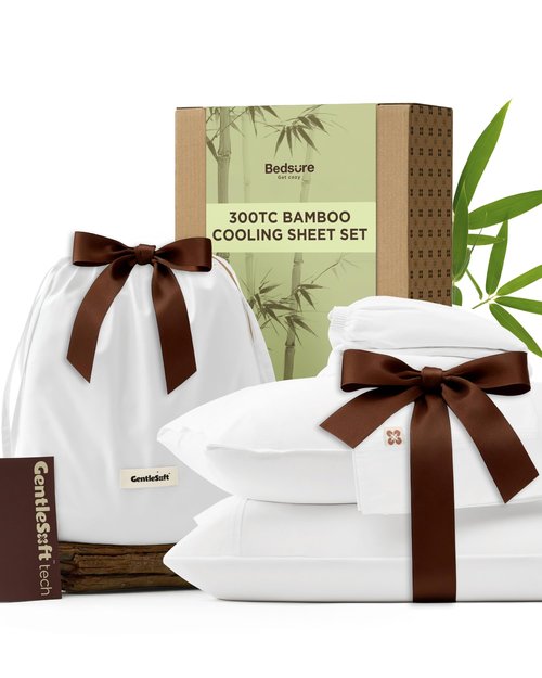 Bedsure Bamboo Viscose Cooling Sheets, Rayon Cotton Serene Blend, PureWoven, Breathable & Buttery Soft Queen Size Bed Set, Deep Pocket Up to 18", Hotel Luxury Bedding for Hot Sleepers, White