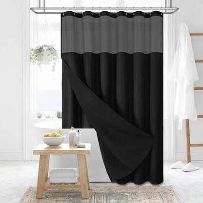 Dynamene 78 Inch Long Shower Curtain, Tall Waffle Fabric Shower Curtains for Bathroom, Hotel Waterproof Cloth Shower Curtain Liner Set with Hooks, Snap in Liner, Mesh Top Window, Black, 72x78