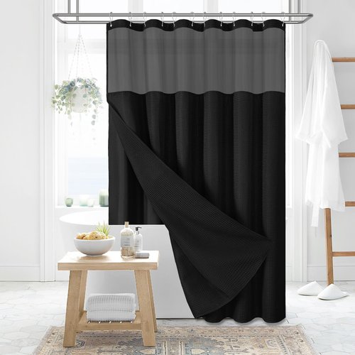 Dynamene 78 Inch Long Shower Curtain, Tall Waffle Fabric Shower Curtains for Bathroom, Hotel Waterproof Cloth Shower Curtain Liner Set with Hooks, Snap in Liner, Mesh Top Window, Black, 72x78