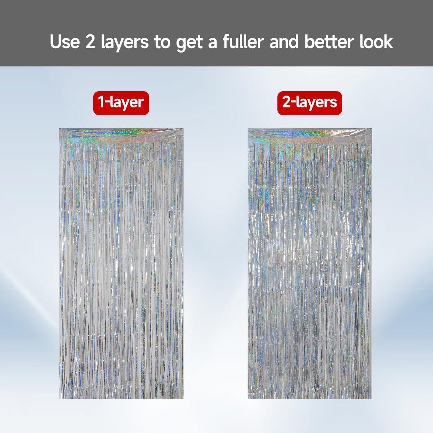 QRabbit Foil Curtain Backdrop - Silver Metallic Tinsel Fringe Curtains | 4 Pack for Parties & Events