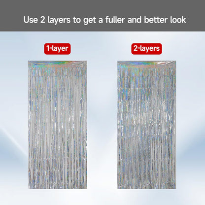 QRabbit Foil Curtain Backdrop - Silver Metallic Tinsel Fringe Curtains | 4 Pack for Parties & Events