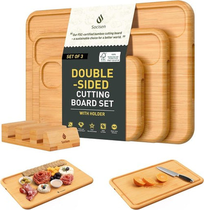 Bamboo Cutting Board Set by [Brand Name] - 3 Pack with Juice Grooves & Built-In Handles | Ideal for Charcuterie & Chopping