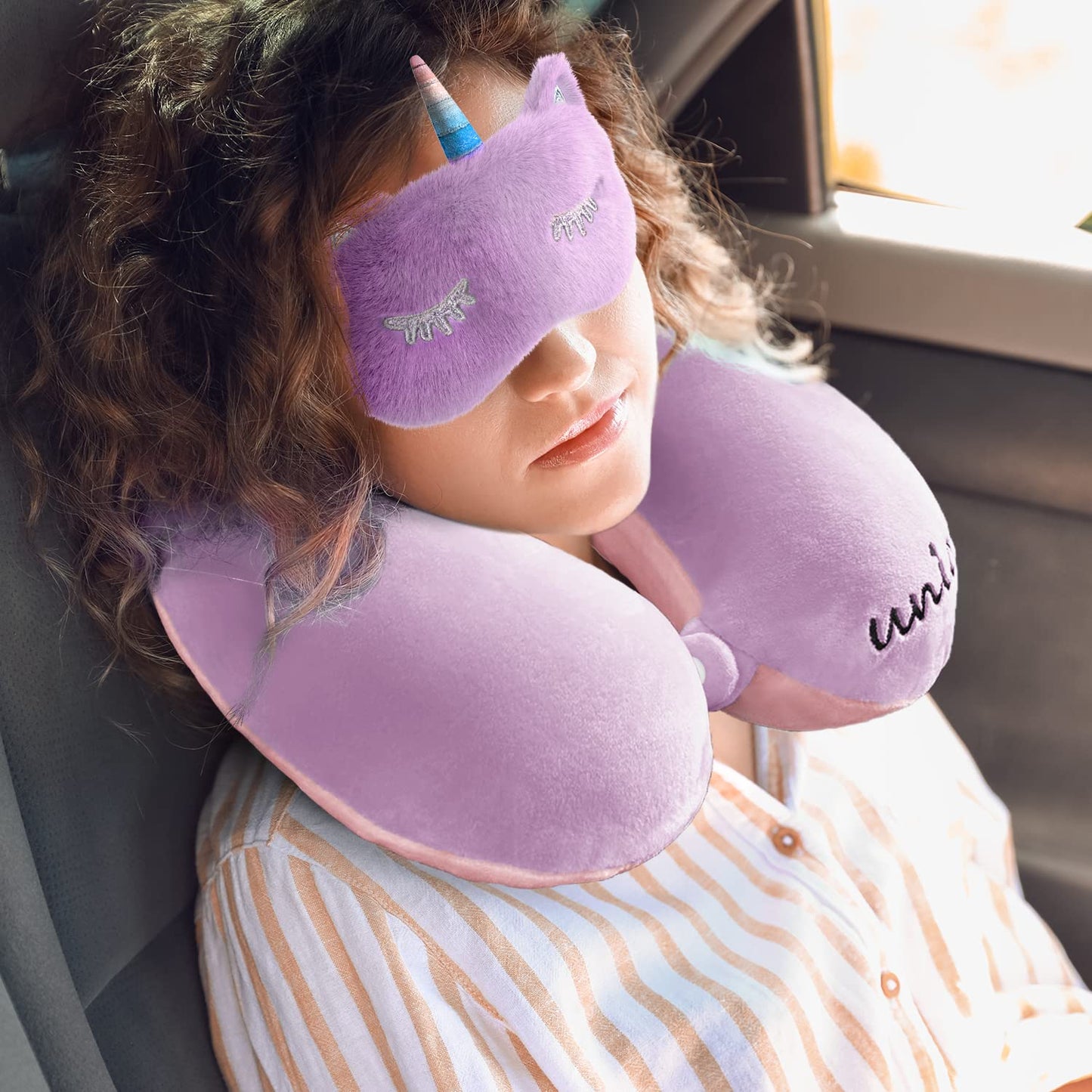 urnexttour Neck Travel Pillow for Kids, Unicorn Airplane Memory Foam Pillow with Cute Sleep Mask & Earplugs, Lightweight Travelling Sleeping Pillow Set for Car, Train, Bus and Home Use (Purple)