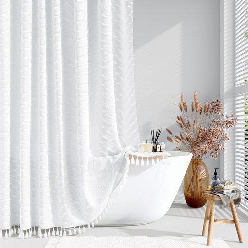 Dynamene Boho Farmhouse Shower Curtain, White Fabric Tufted Chevron Striped Textured Tassel Shower Curtains for Bathroom, Water Repellent, Minimalist Ruffled Cloth Shower Curtain Set with Hook, 72x72