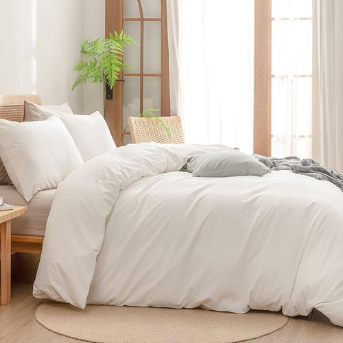BESTOUCH Duvet Cover Set - 100% Washed Cotton for Soft Comfort | Chic Off-White Queen Size 3-Piece Bedding Set