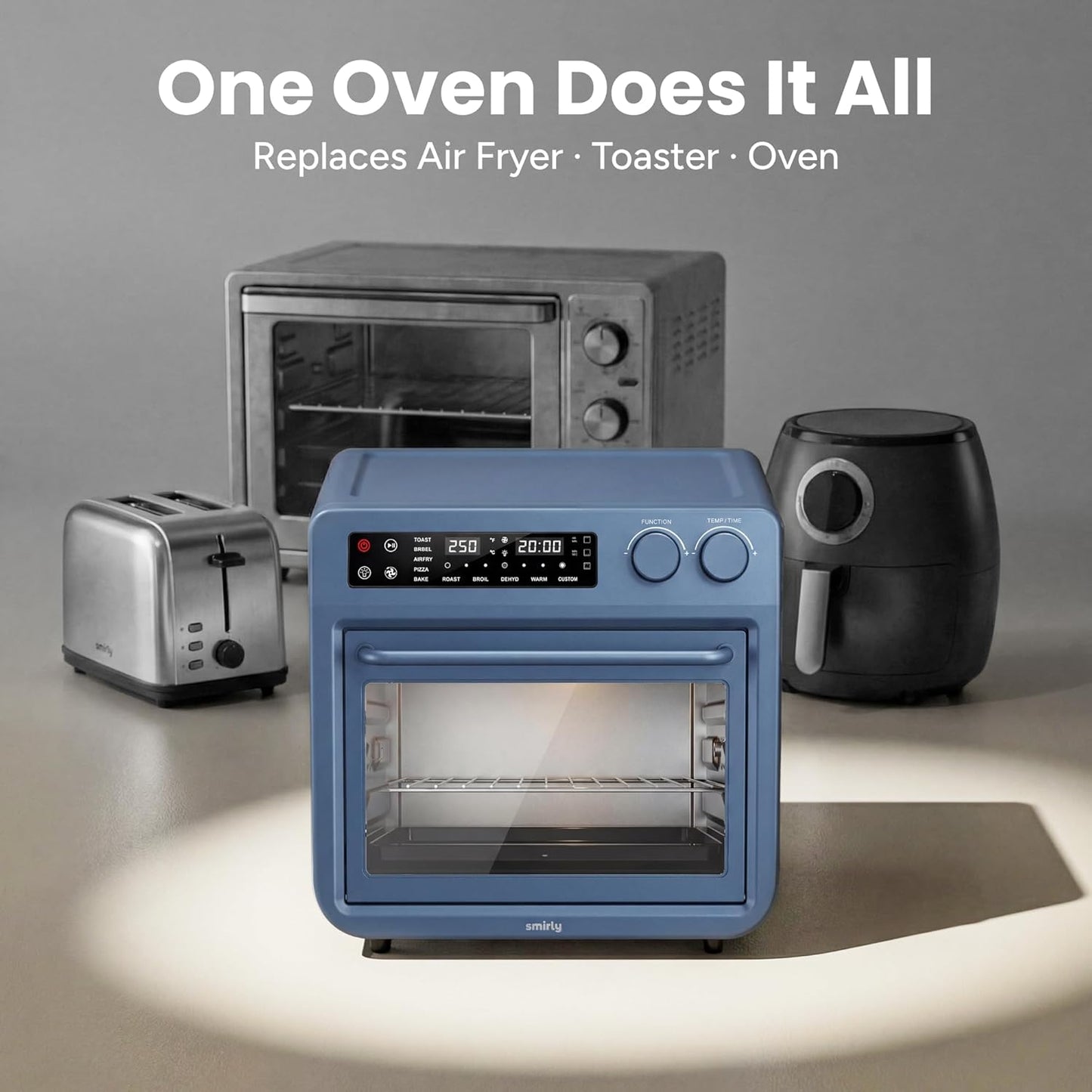 SMIRLY Digital Air Fryer Toaster Oven - 27QT Convection Oven | 10-in-1 Multi-Function, Fits 12" Pizza & 6 Slices of Toast, Stainless Steel, Blue